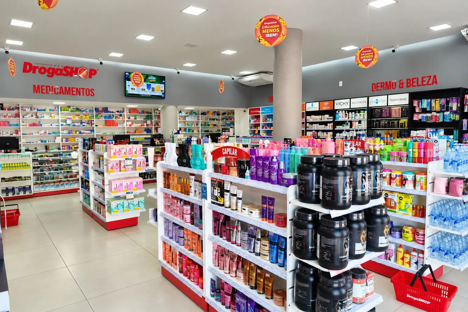 Interior da DrogaShop em Jataí com medicamentos, suplementos e produtos de cuidados pessoais